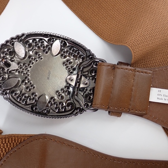 Southwestern Style Turquoise Blue Coral Red Copper Belt Buckle Brown Stretch XL - Picture 9 of 15